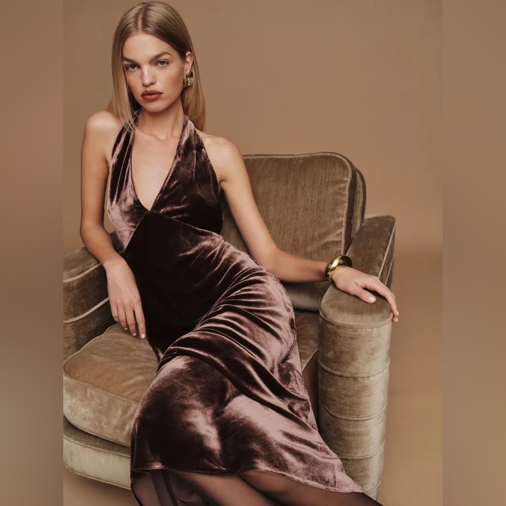 Reformation Daniella Velvet Dress Halter Brown Mahogany Maxi